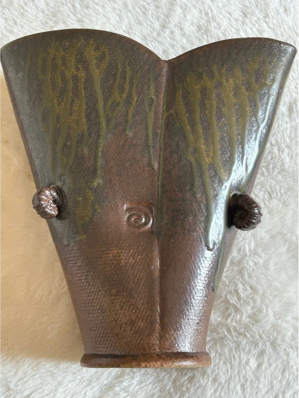 Vintage Brown Ceramic Vase with Green Drip Glaze and Decorative Handles